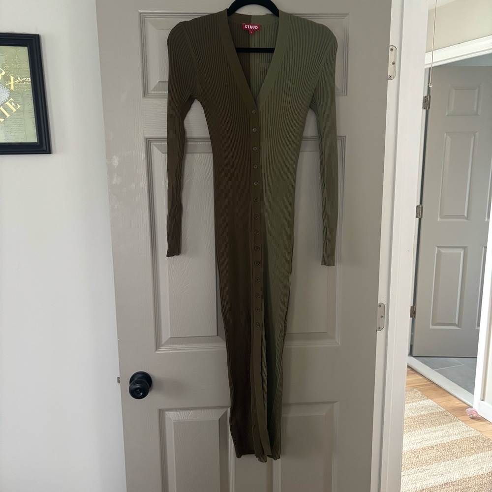 Staud Olive Green Ribbed Midi Dress